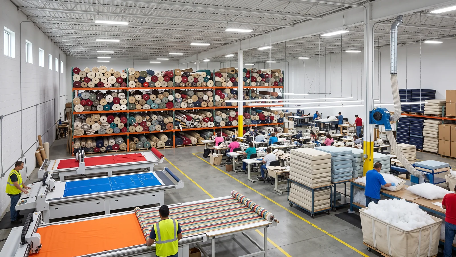 The production floor: racked outdoor fabric and computerized cutting tables on one side, the sewing floor in the middle, filling and finished cushions on the other