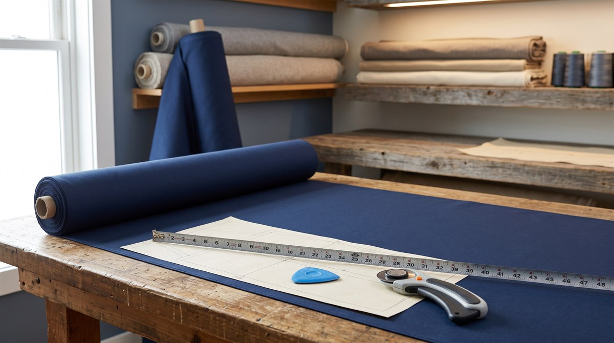 Custom cushion being measured and cut in the workroom
