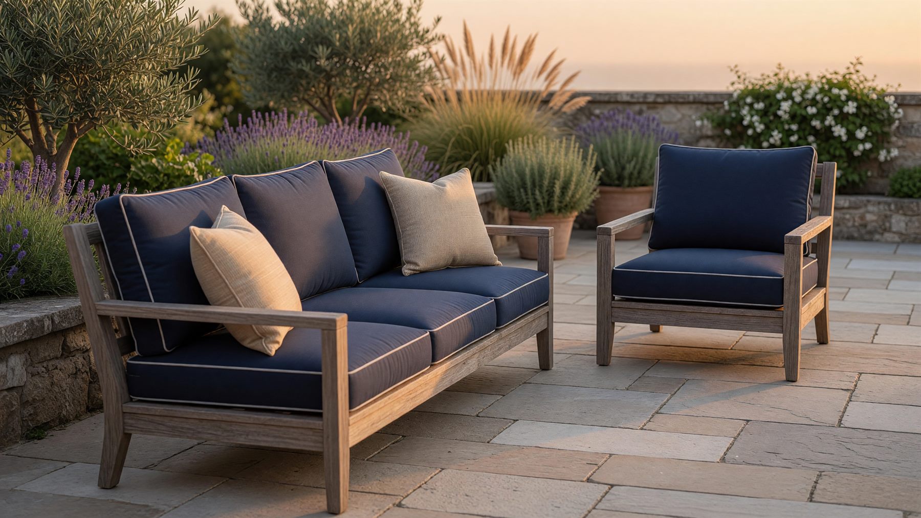 Teak patio deep seating set with custom navy Sunbrella cushions at golden hour